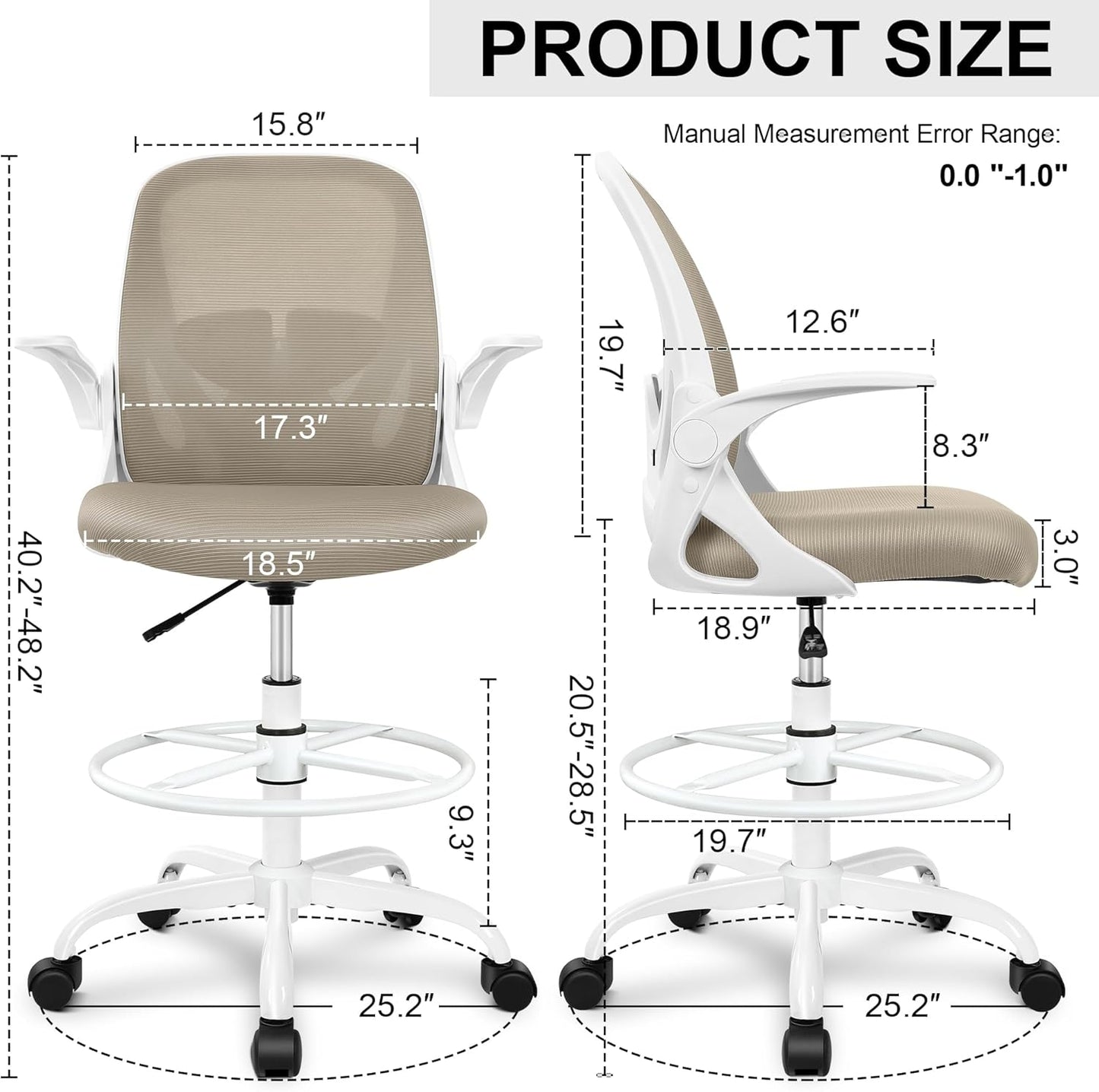 Primy Drafting Chair Tall Office Chair with Flip-up Armrests Executive Ergonomic Computer Standing Desk Chair with Lumbar Support and Adjustable Footrest Ring（Khaki）