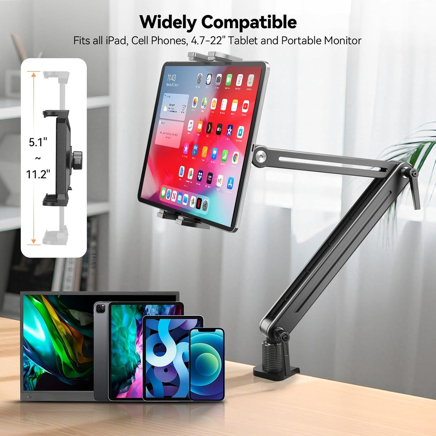 Portable Monitor Stand Desk Mount - Strong Bearing Weight Over 5.5lbs, Large Clamp Support up to 18.5 inch 360° Rotating Base Swivel Tall Desk Arm Holder for iPad Air/Pro/Mini