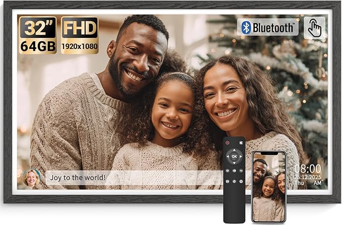 BSIMB 32 Inch Large Digital Picture Frame, Touchscreen 64GB 1920x1080 FHD WiFi Photo Frame Electronic Display Remote Control, Share Pictures/Videos via App/USB/SD Easy Setup Gifts for Mom, Black Wood