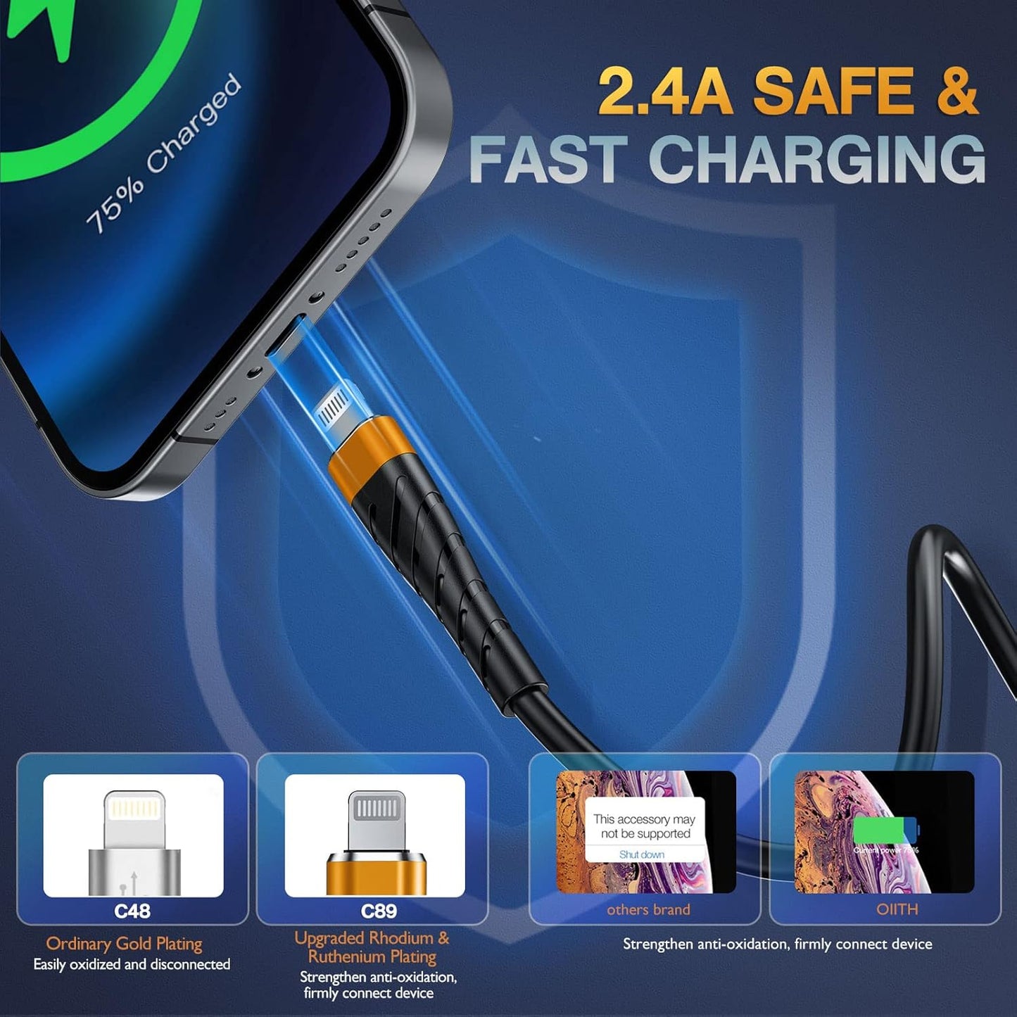 OIITH MFi Certified for iPhone Charger Cable 3 Pack 3 Ft, for Lightning Charging Cord, Fast 2.4A for iPhone USB Cord Compatible with iPhone12/11/XS/Max/XR/X/8/8P/7P/6/iPad - Orange