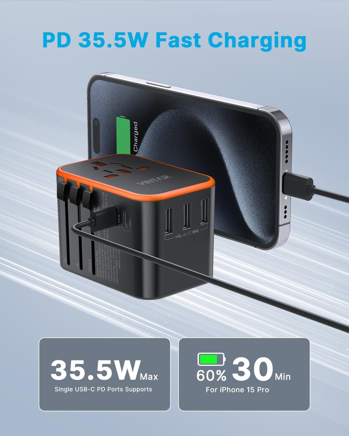 Universal Travel Adapter, VINTAR 35.5W International Power Adapter with 3 USB A QC and 2 USB C PD, All in One Plug Adapter Worldwide Travel Essentials for EU/UK/USA/AUS(Type C/G/A/I), Orange