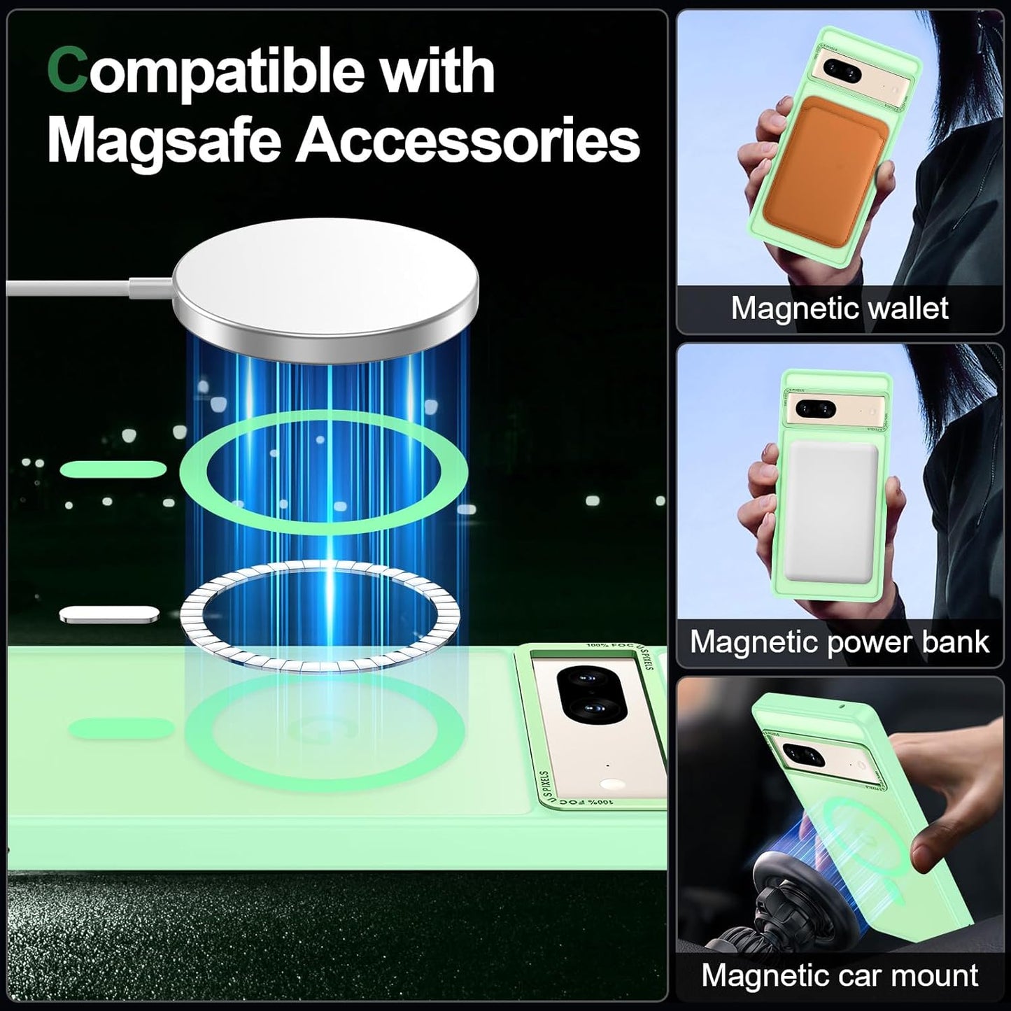Magnetic for Google Pixel 7 Case, [Military Grade Drop Protection] [Compatible with MagSafe] Shockproof Slim Translucent Matte Anti-Slip for Women Girls Men Case, Matcha Green
