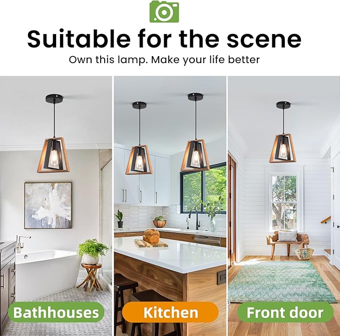 2 Pack Kitchen Island Pendant Lights, Black Industrial Metal and Vintage Wood Hanging Light, Mini Farmhouse Chandelier, Adjustable Height Rustic Ceiling Lamp for Entryway, Dining Room, Foyer