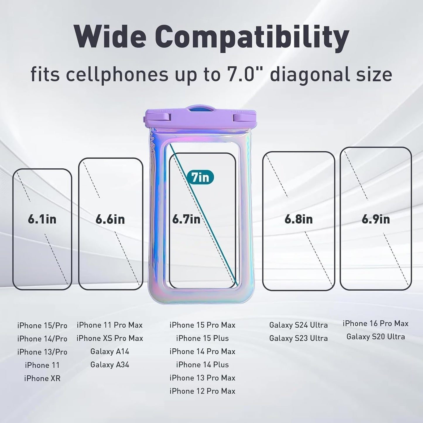 Floatable Waterproof Phone Pouch for iPhone 16 Pro Max/15/14/13/12, IP68 Travel Cellphone Dry Bag Beach Cruise Ship Essentials Bags with Crossbody Lanyard, Iridescent Purple and Pink-7″2 Pax