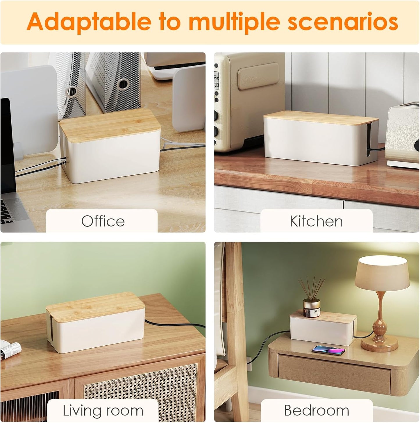DELAMU 2 Pack Cable Management Box, Safe ABS Wood Grain Desk Medium and Small Cord Organizer, Baby Pet Proof Lock Cord Box Hider for USB Hub TV Wires Computer Desks and Power Strips
