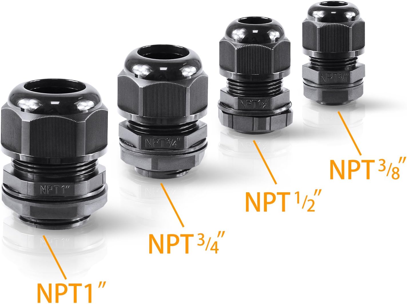 XHF IP68 Nylon Waterproof NPT Cable Glands Assortment 48pcs 1/4", 3/8'', 1/2'', 3/4'', 1'' UL Listed and RoHS Cord Grip Compliant Cable Strain Relief Black