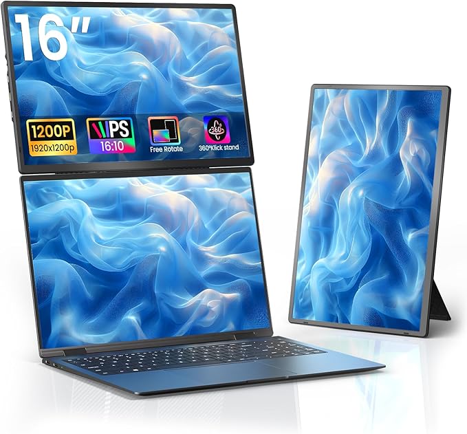 Laptop Screen Extender 16" - 1200P FHD Portable Monitor Travel Monitor for Laptop HDMI USB-C Plug & Play 360° Rotating Detachable Stand Height Adjustable for Travel/Work/Study
