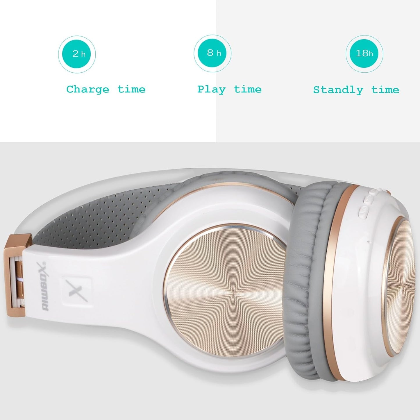 Riwbox Bluetooth Headphones, XBT-80 Folding Stereo Wireless Bluetooth Headphones Over Ear with Microphone and Volume Control, Wireless and Wired Headset for PC/Cell Phones/TV/Gym (White Gold)