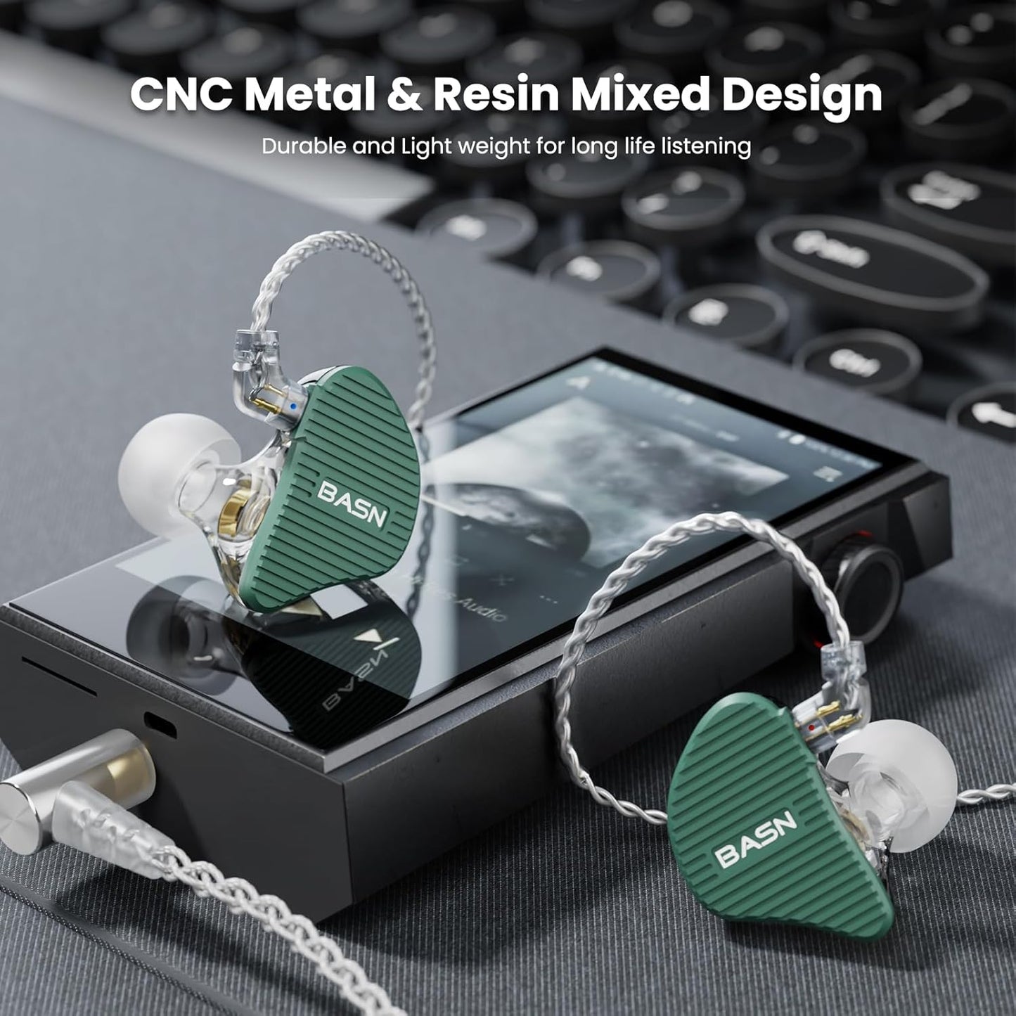 BASN Mix-PD in Ear Monitor,1Planar Driver + 1Dynamic Driver HiFi IEM Earphones with CNC Crafted Metal Cover, Wired 0.78mm 2-Pin Silver Plated Detachable Cable for Musicians (Green)