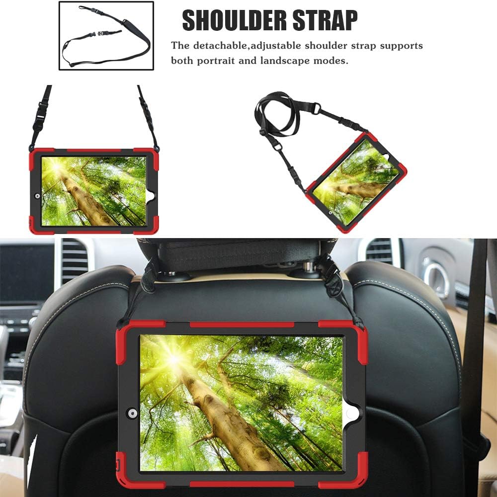 ZenRich Shockproof Case for iPad 9th/8th/7th Generation 10.2 inch 2021/2020/2019, Heavy Duty Rugged Case with Pencil Holder/360° Rotating Kickstand/Handle/Carrying Strap, Red