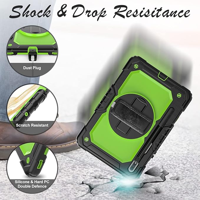 Case for Samsung Galaxy Tab S8/S7 11-inch 5G Tablet Case 2022/2020 [with Tempered Glass Screen Protector], 360° Rotating Kickstand/Hand & Shoulder Strap/S Pen Holder (Green)