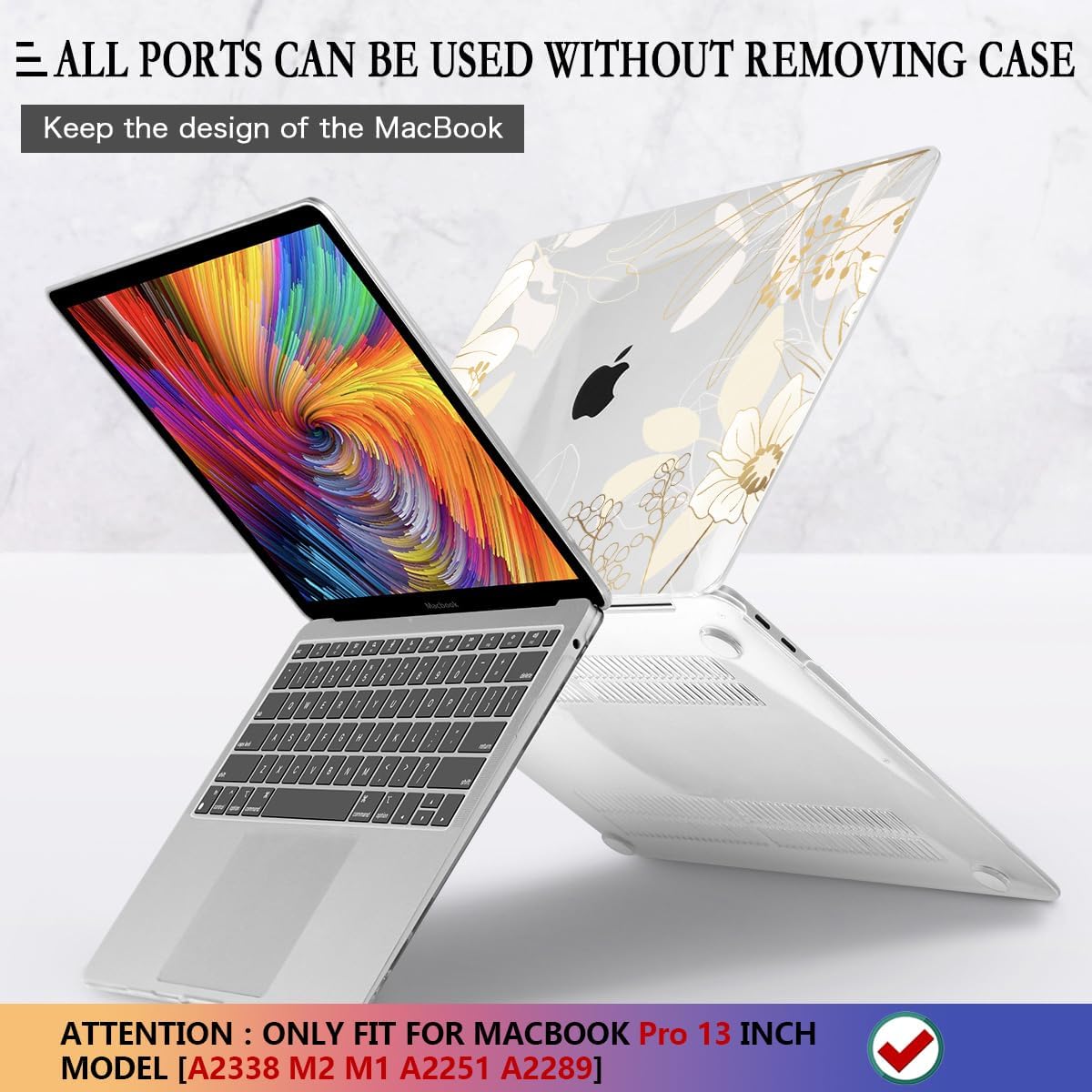 CISSOOK Compatible with M2 MacBook Pro 13 Inch Case 2025-2020 Release M1 M2 A2338 A2289 A2251, Plastic Hard Shell Case & Keyboard Cover for MacBook Pro 13 with Touch Bar, Golden Flowers