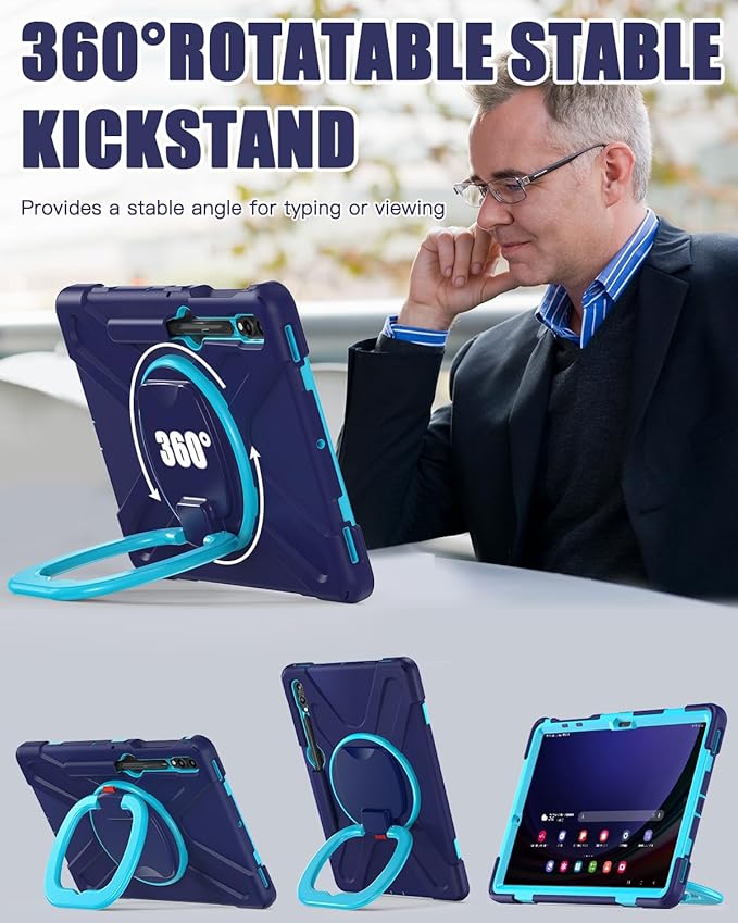 BRAECN Case for Samsung Galaxy Tab S9 FE+ Plus/S9+ Plus/S8+ Plus/S7 FE/S7+ Plus 12.4 Inch, Rugged Silicone Cover with Handle Grip, Kickstand, Shoulder Strap, S Pen Holder, Navy Blue