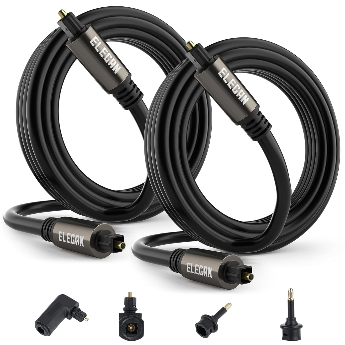 Elecan Optical Audio Cable 4 Ft/2 Pack Digital Audio Toslink Cable Cord-Fiber Optic-Gold Plated-Flexiable&Durable-for Home Theater,Sound Bar,PS4& Xbox-with Right Angled+Mini Toslink Adapters+Ties