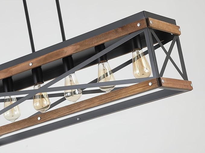 Rustic Farmhouse Wood Kitchen Island Lighting, 6 Lights Rectangular Pendant Light Fixture, Adjustable Chain Oak Wood and Metal Linear Chandelier for Dining Room Kitchen Island Farmhouse, Black