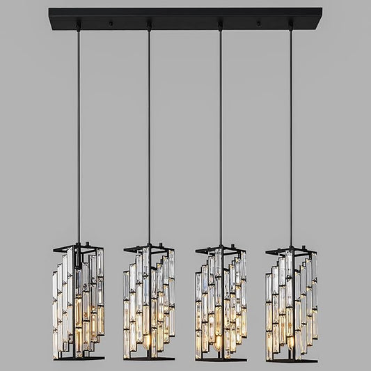 4-Light Adjustable Pendant Light, Modern Mini Crystal Chandelier with Black Metal Frame, Kitchen Island Lighting for Dining Room, Bedroom, Easy Installation