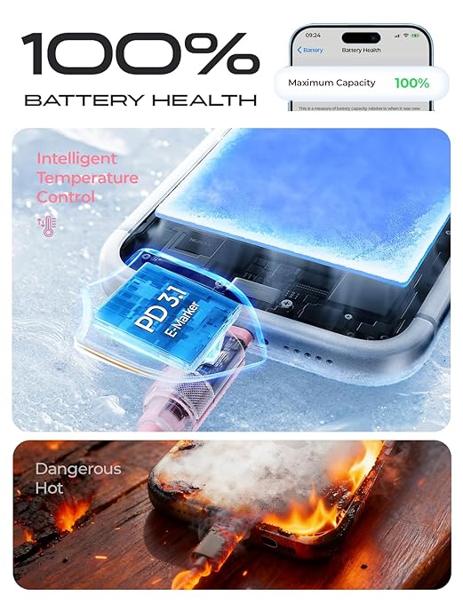 LISEN for iPhone Air 17 Charger Cord USB Cable 10FT, Chubby 100W Soft Silicone USB C to USB C Fast Charging Cable, Long USBC to USBC for iPhone 17 16 15, Samsung S25, MacBook Pro/Air, iPad, Pink