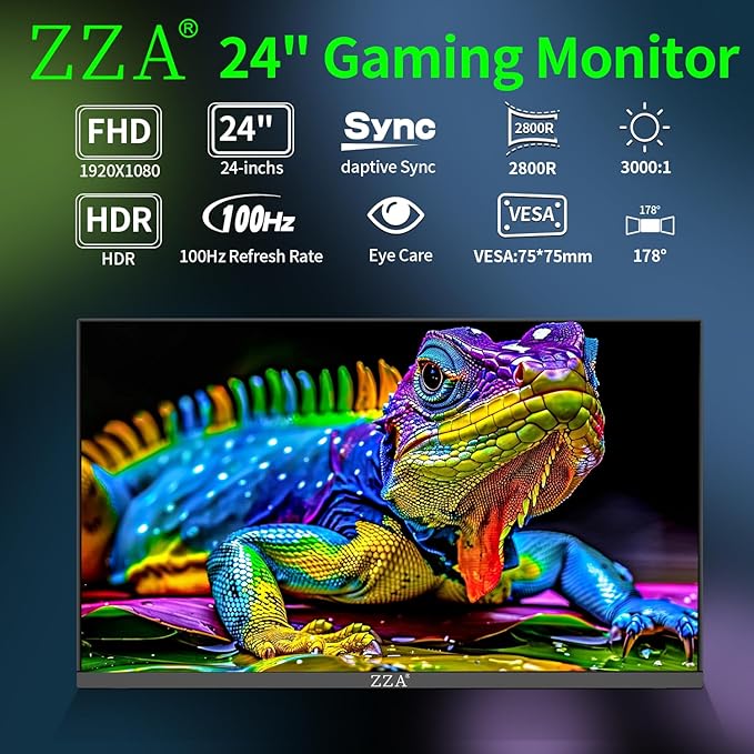 ZZA 24 Inch Monitor100HZ,1080p,Gaming Monitor Curved 2800R,VA 120% sRGB,FreeSync,Frameless Full on Three Sides Blue Light Filter,HDMI & VGA Ports,Computer Monitor for Home Office and Dormitory