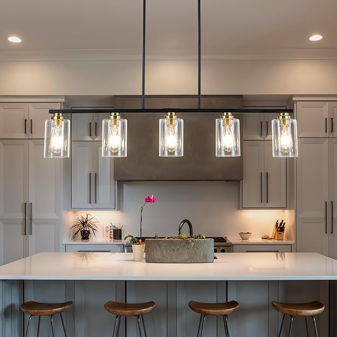 Island Light for Kitchen, Black and Gold Dining Room Light Fixture Over Table, 5-Light Linear Chandelier Pendant Lighting for Dining Table Kitchen Island Living Room