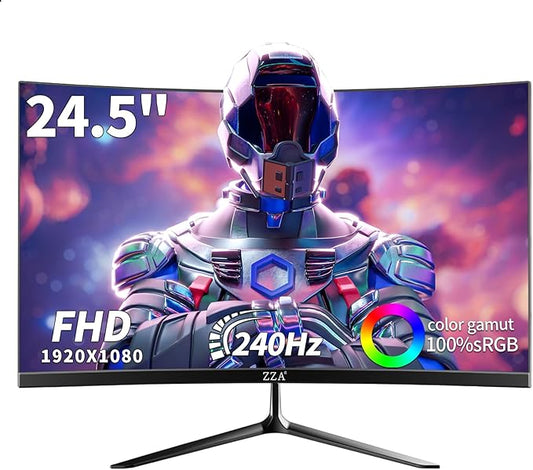 ZZA 24.5" Curved Gaming Monitor, 240Hz|144Hz FHD(1920 * 1080P) VA Screen Computer Monitor, Supports Freesync, 120% sRGB, Blue Light Filter,AMD Freesync, Wall Mountable Installs(HDMI 1.4/DP 1.2)