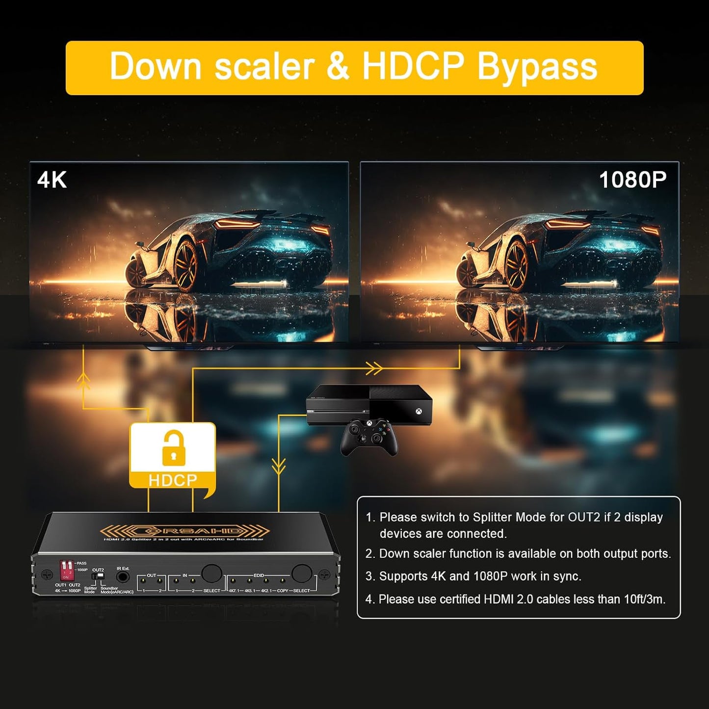 4K@60Hz HDMI 2.0 Splitter 2 in 2 Out with Audio Extractor Supports ARC,e-ARC,Soundbar,Downscale,HDCP Bypass,HDR,CEC,EDID,SPDIF,IR Remote,HDMI Swtich 2 in for soundbar
