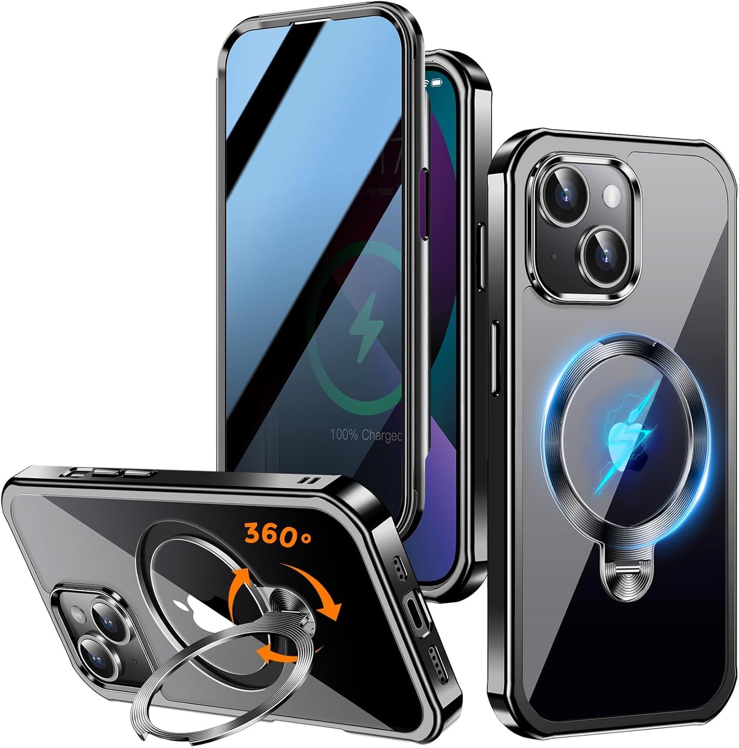 [360° Rotatable CD Stand & Built-in Privacy Screen Magnetic Case for iPhone 13 [Compatible with MagSafe & Full Signal] Mil-Grade Shockproof Full Body Anti-Spy Cover for 13-Black