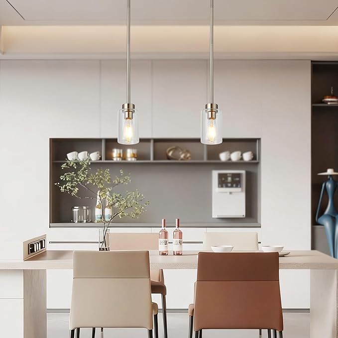 Modern Black Farmhouse Clear Glass Cylinder Pendant Light Fixture,Brushed Nickel Ceiling Hanging Metal Industrial Mini Pendant Lighting for Kitchen Island Dining Table Bedroom Hallway Foyer