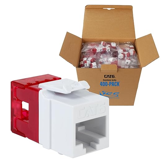 ICC CAT6 Keystone Jack with Slim Profile 180 Degree Punch Down, RJ45 UL Listed PoE++ TAA Compliant for Wall Plate or Patch Panel, Works with JackEasy Termination Tool, White 400 Pack