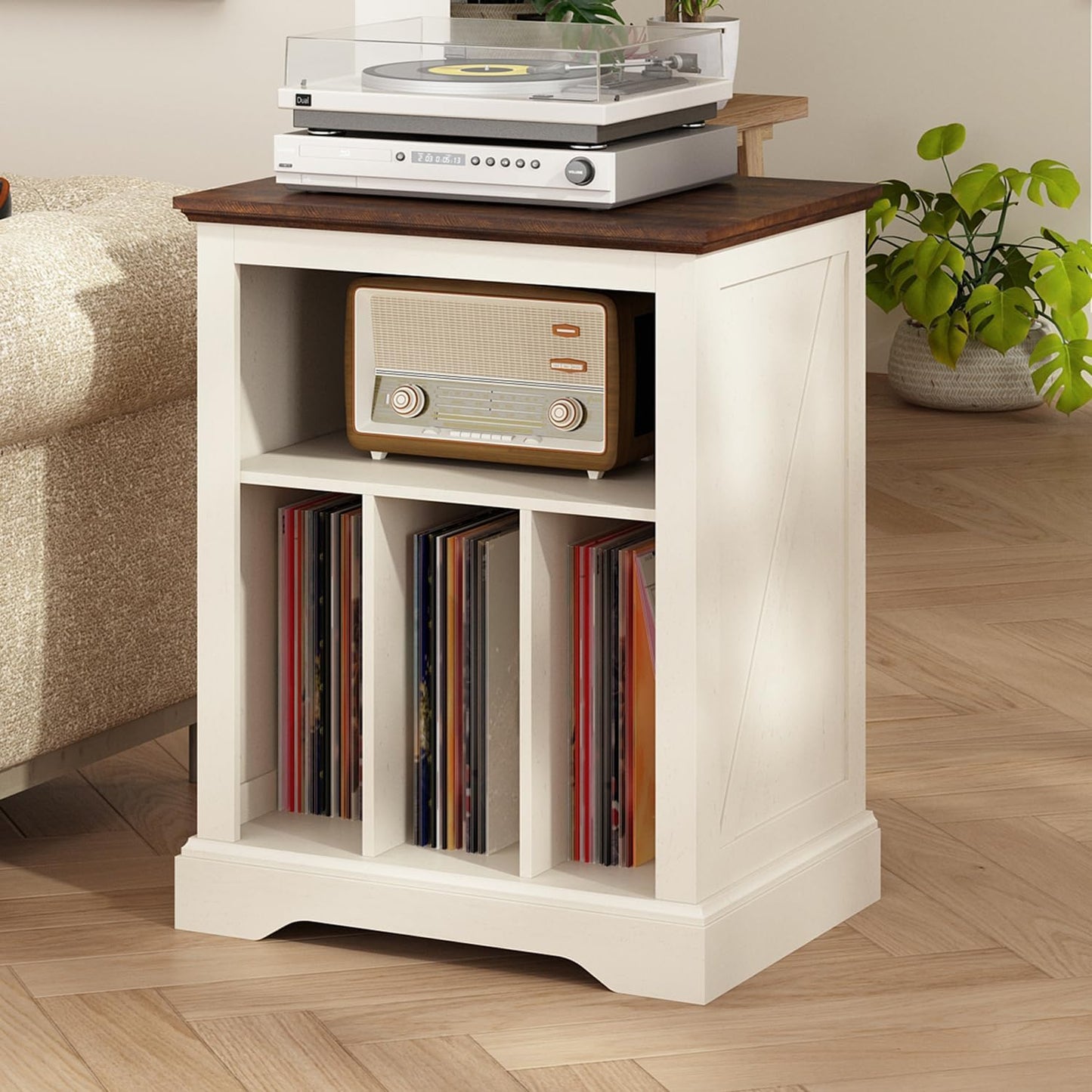 Farmhouse Record Player Stand, 3 Tier End Table, Turntable Stand with Vinyl Record Storage, Wood Record Holder Cabinet Dispaly Shelf for Living Room,Bedroom,Office,Antique White