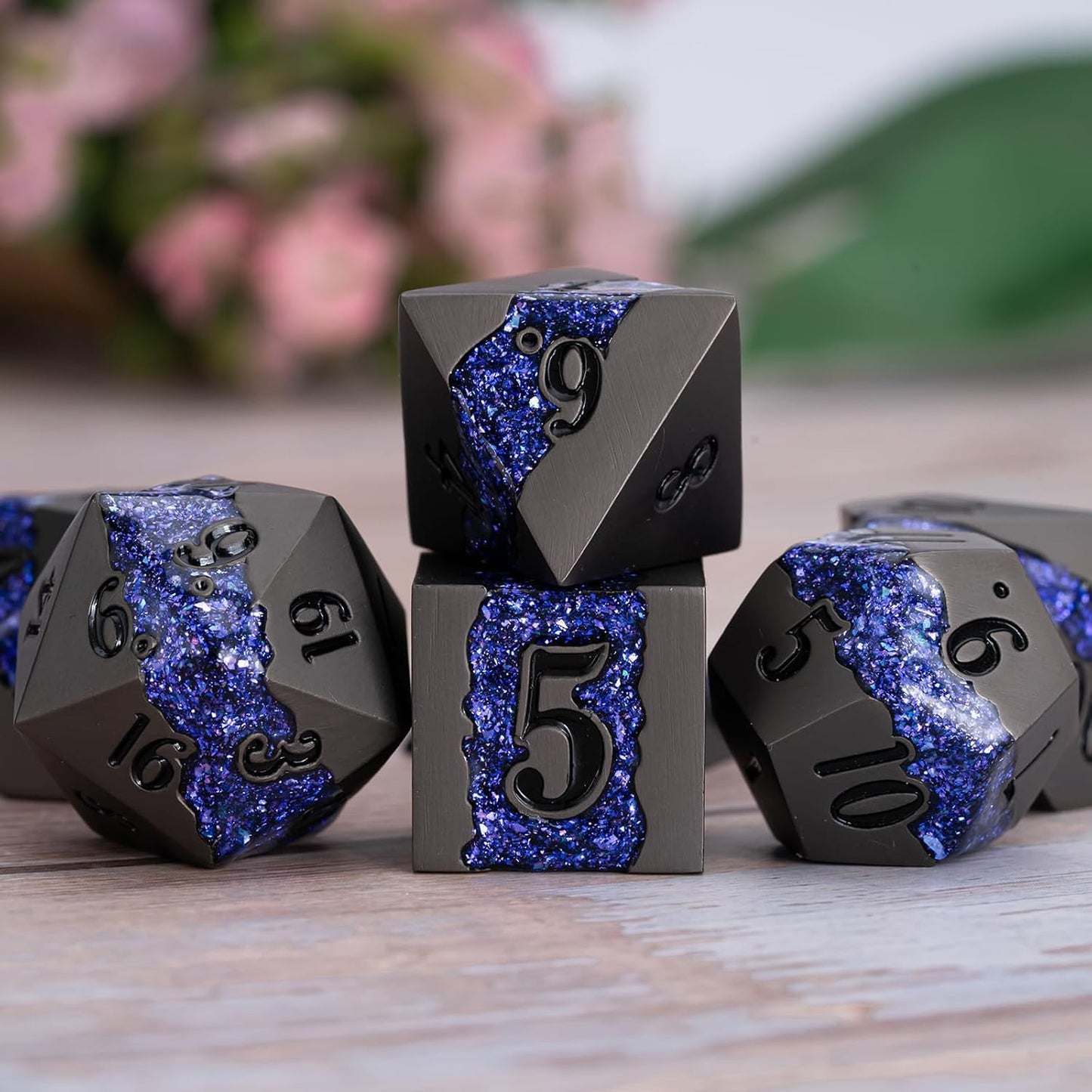 Metal DND Polyhedral Dice,Large Stripe Glitter Metallic Dice Set,Antique Silver Dice 7pcs Set for Role Playing Games(Pearl Gun Purple)