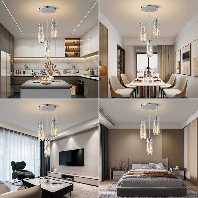 LMQNINE 3 Light Chrome Pendant Lighting Modern Pendant Light, Mini Crystal Chandeliers,Adjustable Pendant Light Fixture for Kitchen Island Dinning Room Bedroom (Chrome 3-Light)