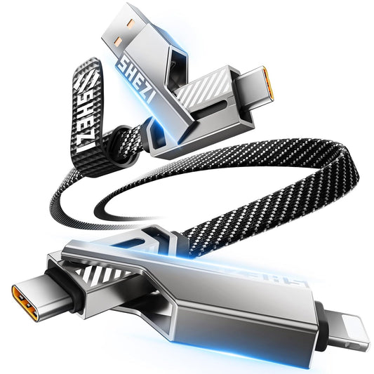 SHEZI [Upgraded 2.0] 4-in-1 USB C Cable 60W 3FT Fast Charging [480Mbps Data Transfer] Flat Nylon Braided Charger Cord Combo, USB A/C to C/L Multi Charge Cable for iPhone/iPad & Most Devices, Grey