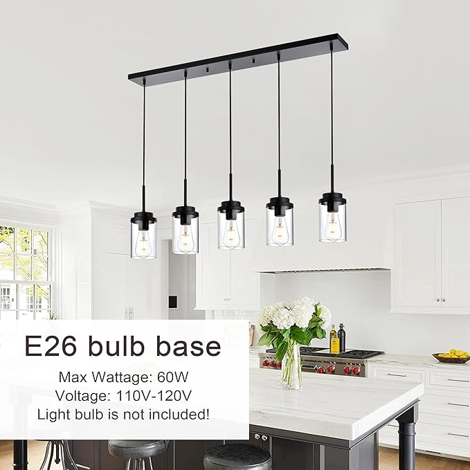 MELUCEE Kitchen Island Lighting Modern 5 Lights Linear Chandeliers for Dining Room, Industrial Black Pendant Light Fixtures Ceiling Hanging with Clear Glass Shade, 37 Inches Length