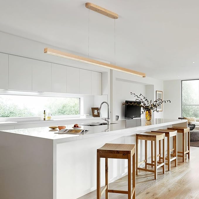 59" Natural Wood LED Linear Pendant Light Fixture 40W Led Dining Room Light Dimmable Hanging Light Fixture for Dining Room Kitchen Island Pool Table Lights Natural Wood Color