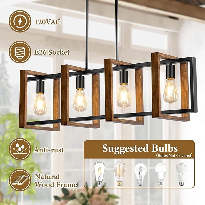 4 Lights Dining Room Light Fixture, Farmhouse Kitchen Island Lighting Wood and Black Metal Rectangular Hanging Chandelier for Ceiling Living Room, Modern Rustic Pendant Lighting Fixture Over Table