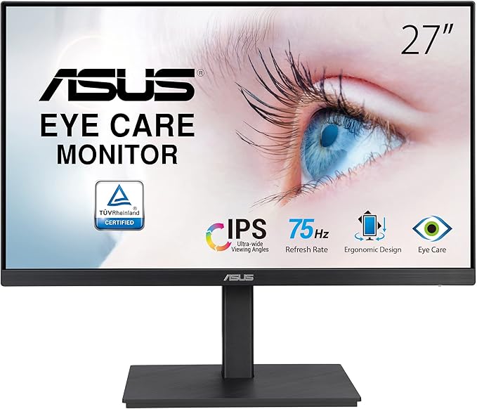 ASUS 27” 1080P Monitor (VA27EQSB) - Full HD, IPS, 75Hz, Adaptive-Sync, Speakers, Eye Care, Low Blue Light, Flicker Free, DisplayPort, HDMI, USB Hub, D-Sub, Frameless, Wall Mountable, Height Adjustable