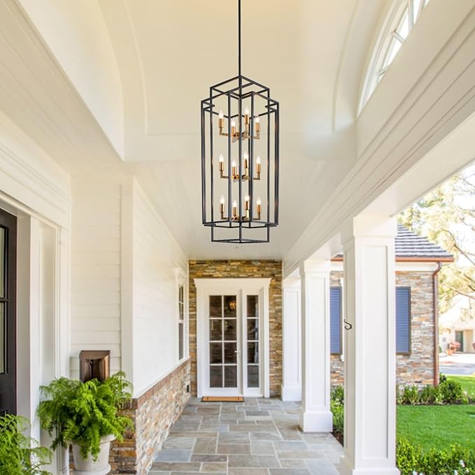 Black and Gold Chandelier, 12-Light Lantern Tiered Pendant Light Fixtures, Large Foyer Chandeliers for High Ceilings, Farmhouse Chandelier for Entryway, Modern Metal Pendant Lights for Staircase