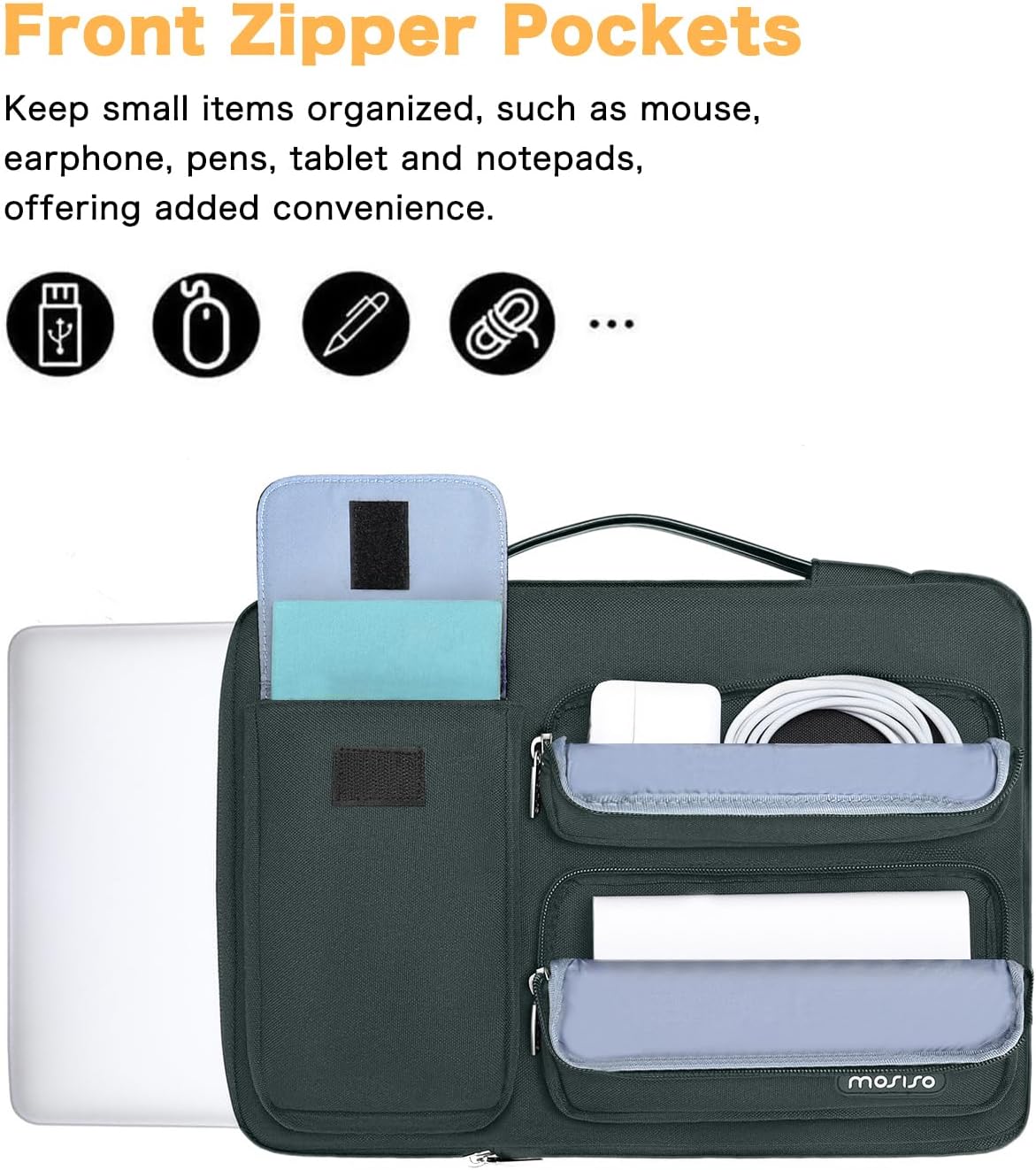 MOSISO 360 Protective Laptop Case 13.3 inch, 13-13.3 inch Laptop Sleeve Compatible with MacBook Air/Pro 13 / Pro 14, HP Dell ASUS Lenovo, Side Open Bag with 2 Raised&1 Flapover Pockets, Emerald Green