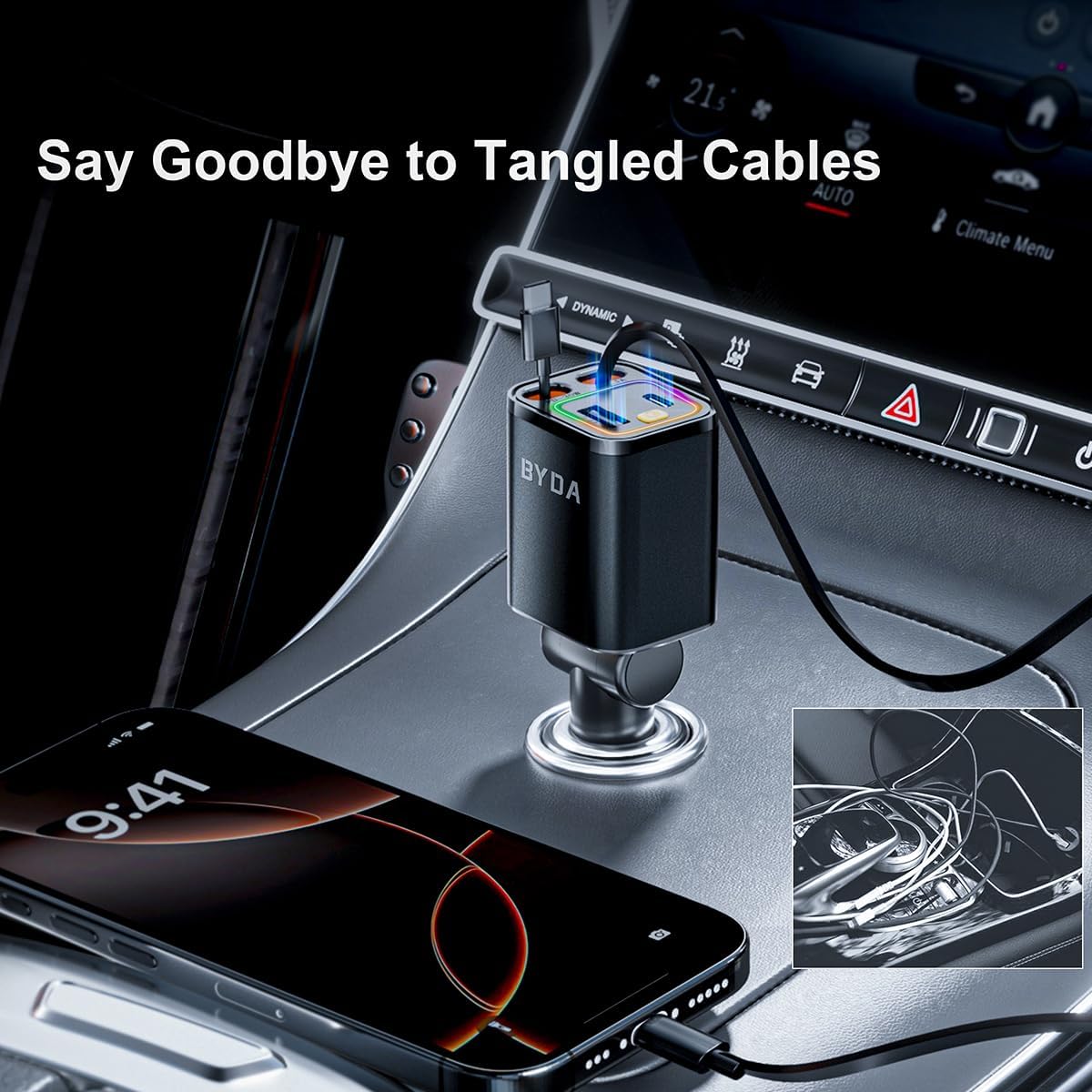 4 in 1 Retractable Car Charger for iPhone,69W USB-C Fast Car Charger,Cigarette Lighter Adapter,Fast Charging for iPhone 16/15/14/13/12/11 Pro Max,Galaxy,iPad,Pixel (USB-C&Light-ning) Alloy Black
