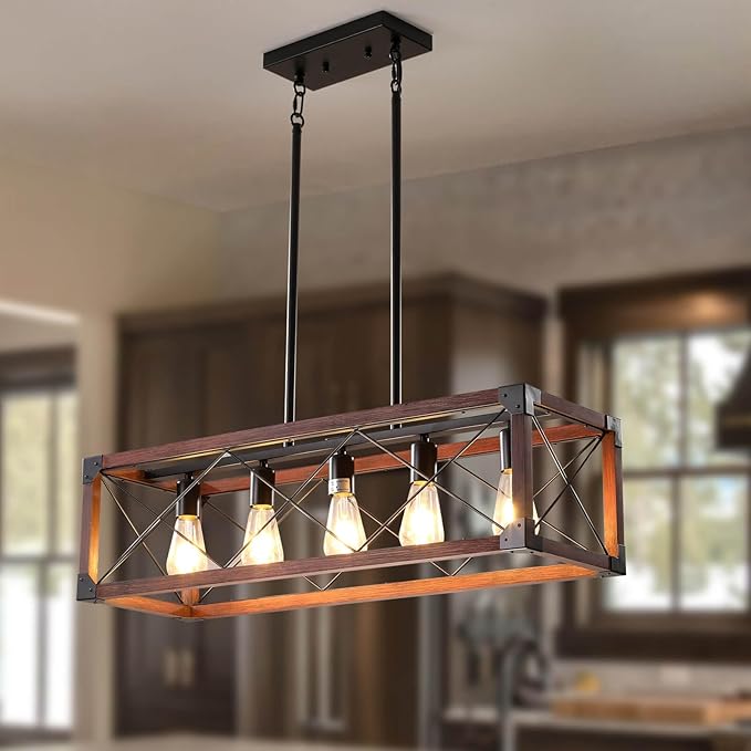 Farmhouse Lighting Dining Room Light Fixture, Farmhouse Chandelier, Kitchen Island Lighting, Rustic 5 Light Pendant Chandeliers, Country Wood Island Lights-Walnut