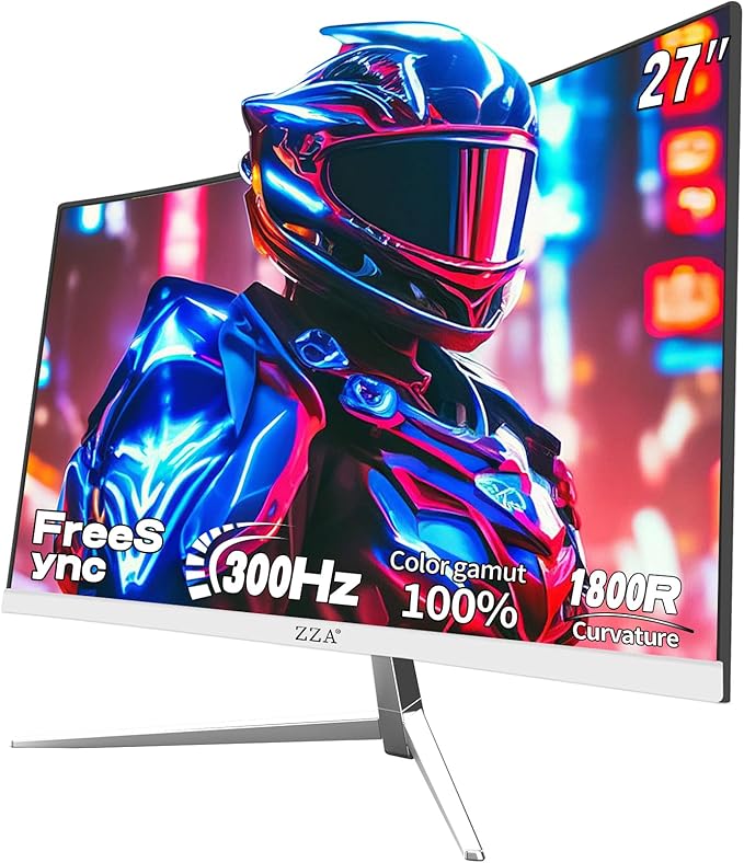 ZZA 27" Curved Gaming Monitor 300HZ Computer Monitor, FHD 1080p 1ms 1800R VA Screen, 99% sRGB, Support AMD FreeSync, Blue Light Filter, HDMI*2 & DP*2, VESA Mounting Compliant- White