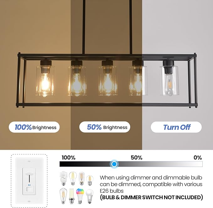 Black Dining Room Light Fixture, 5-Lights Modern Rectangular Chandelier with Clear Glass Shades, Farmhouse Linear Island Lights for Kitchen Pool Table Bar, L35.4