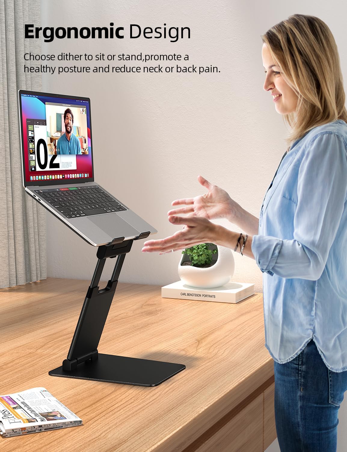 Nulaxy Height Adjustable Laptop Stand for Desk, Dual Foldable Aluminum Computer Riser, Pull Out Design Ergonomic Sit to Notebook Holder Convertor, Compatible with All 10-17" Laptops, Tablets, Black
