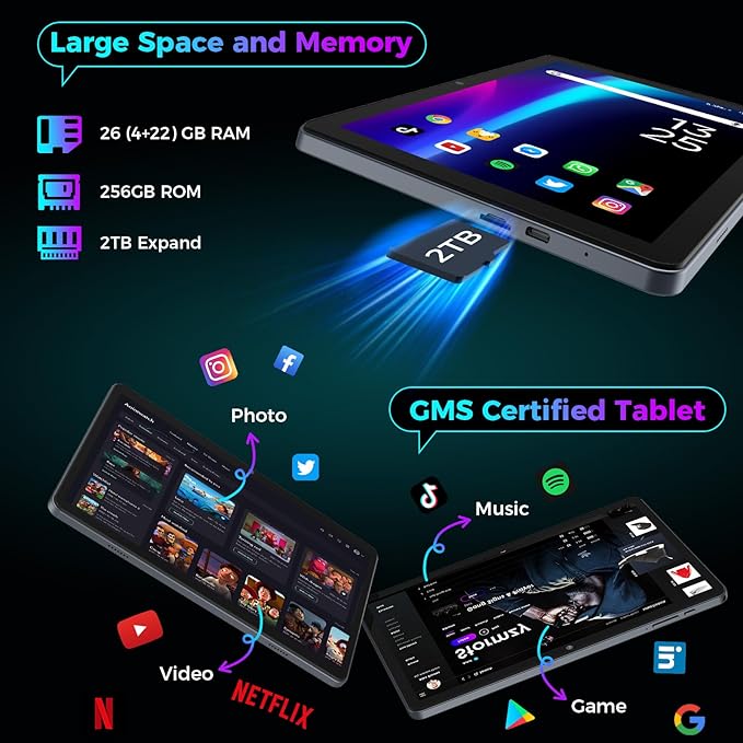 Android 15 Tablet with Keyboard, 26GB RAM, 256GB ROM(2TB Expand), 10 inch tablet with Octa-core, 8000mAh Battery, 2.4G/5G WiFi, BT 5.0, 5MP+13MP Camera, Gemini AI, Case, Mouse, Stylus (Silver Case)