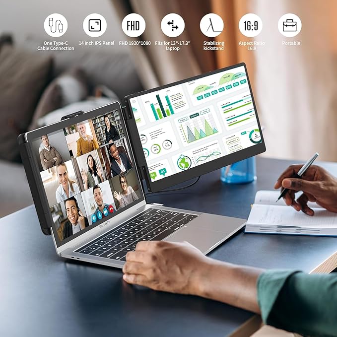 Laptop Screen Extender, 14" FHD 1080P IPS Laptop Monitor Extender Dual Screen, Travel Monitor for 13-17" Laptops with USB-C/HDMI Port, Plug and Play for Windows/Mac/Android