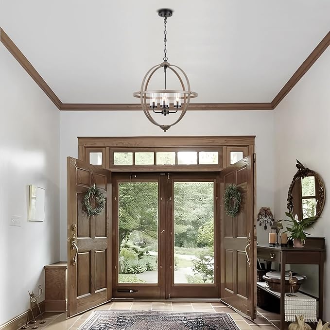 Rustic Chandelier, 20" Wood Finish Hanging Light, 4-Light Globe Vintage Pendant Light Fixture for Living Room, Entryway, Dining Room