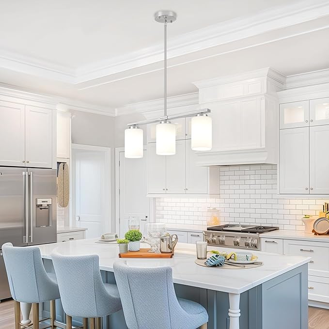 3-Light Kitchen Island Lighting, Brushed Nickel Dining Room Light Fixtures Over Table, Modern Farmhouse Chandeliers with Milky Glass Shade Pendant Light for Dining Room Kitchen Island