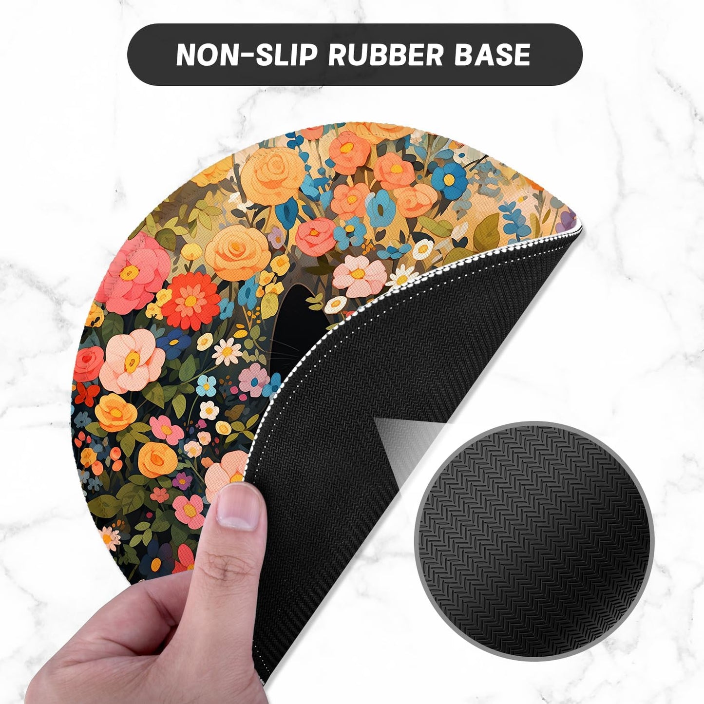 ITNRSIIET Round Mouse Pad with Stitched Edge Premium-Textured Waterproof Non-Slip Rubber Base Desktop Protection Mat Diameter 8.7 inches, Flower Cat