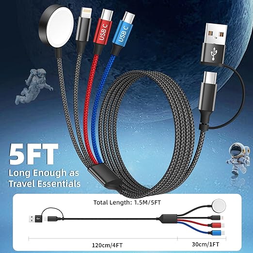 Cruise Essentials 4 in 2 Charging Cable for Apple iWatch Charger/iPhone 17/Lightning/Micro, Travel Multi Charging Cable Cord Compatible for iWatch Ultra/SE/10-1, iPhone16-6, Android, Car Accessories