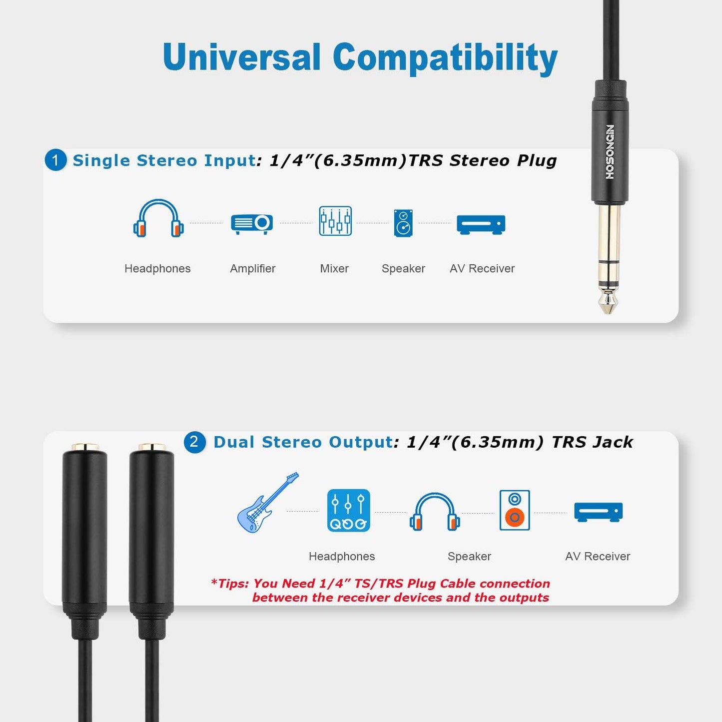 HOSONGIN 1/4" Splitter Cable, TRS to Dual 1/4" TRS Stereo Y Adapter, Gold-Plated Connectors, High-Fidelity Sound, Durable Aluminum Alloy Shell for Studio, DJ, Headphones, Live Sound Systems - 1.6Ft